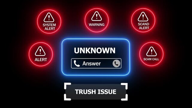 Incoming call alert with threat warning Trush issue icons and text scam unknown on a black background 4k animation video