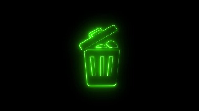 Glowing neon green color trash bin icon animation on black background. 4k video