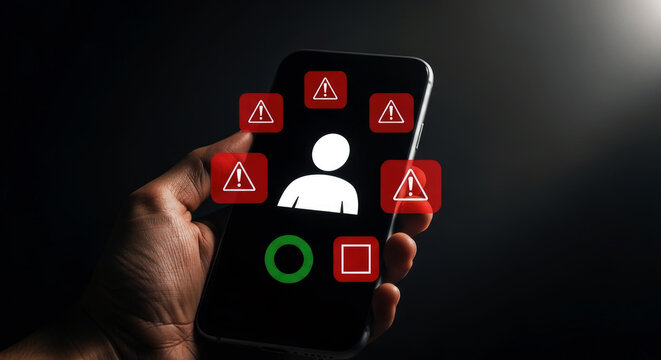 A hand holding a smartphone with warning symbols on the screen