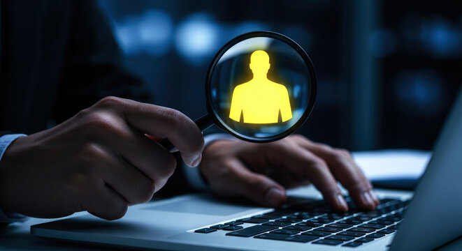 Person searching for information online with a magnifying glass