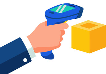 A clerk scans a payment box with a barcode scanner. Professional setting, clear focus, bright colors. Ideal for business and retail visuals.