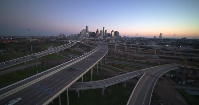Wide Angle Aerial Drone View of Houston Texas Skyline and Cityscape from I-45 North freeway