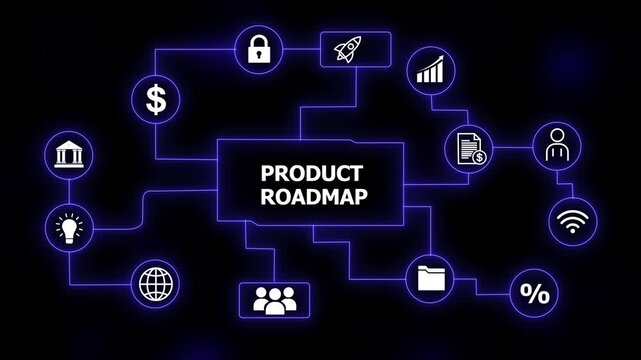 Product roadmap flowchart with icons and neon blue lines on a black background 4k animation video