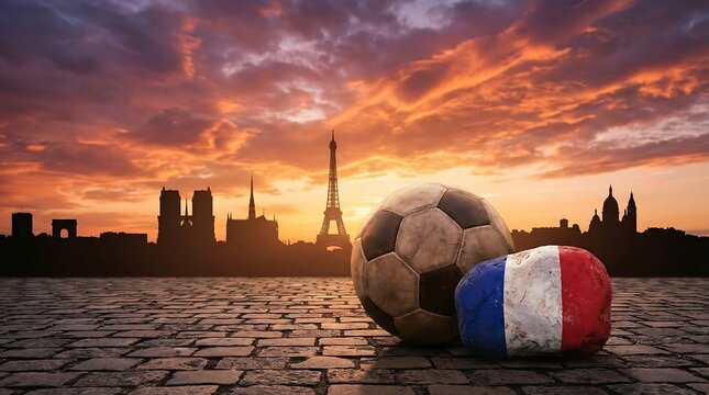 French soccer ball against the iconic skyline of paris at sunset