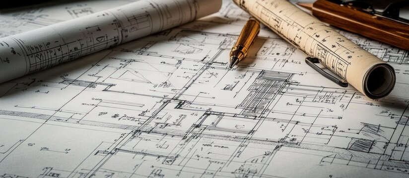 close-up of architectural blueprints and rolled plans with a gold pen on a drafting table conveying focused professional design and meticulous planning