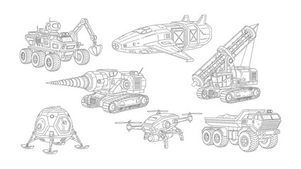 Futuristic Machines Illustration: A collection of innovative machines, each representing a leap in technological advancement, is meticulously illustrated. © Murshida