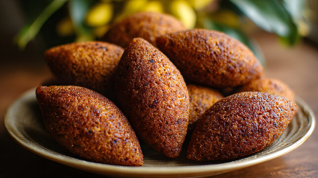 Traditional kibbeh made from minced meat on a wooden table background. Illustration of traditional Iraqi food background.