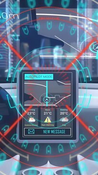 Vertical video: Dist dropping, tablet AR HUD scanning object, rings rotating, showing nav temps msg
