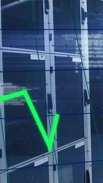 Vertical video: Green trace emerging left on LED wall peaking shifting adding traces showing data