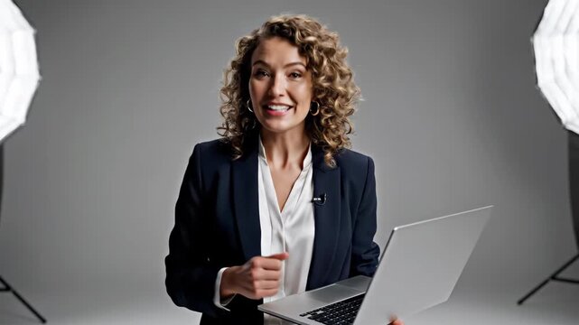 caucasian business woman holding laptop and gesturing with hand in studio. professional female speaker or teacher presenting online webinar. corporate manager with computer smiling at camera.