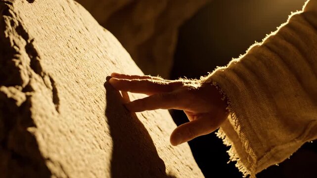 close up of jesus hand touching stone in tomb. risen christ wearing linen robe. easter resurrection concept. christian religion and bible story. church video, holiday background.
