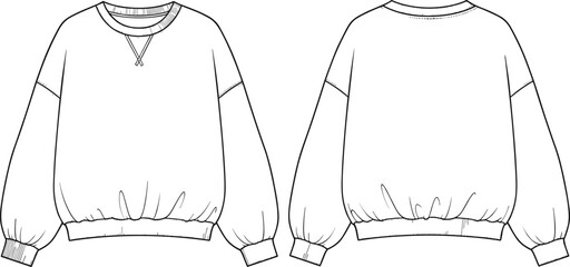 Oversized Crewneck Sweatshirt Technical CAD Drawing Flat Vector Illustration featuring Drop Shoulder Ribbed Trim and Front Back View for Fashion Design © Nasima