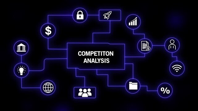 Competitor analysis flowchart with icons and neon blue lines competition market analysis on a black background 4k animation video