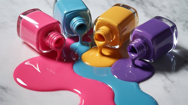 Artistic still life of nail polish bottles spilling vivid colors on marble photo