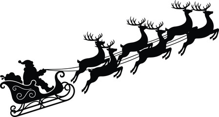 Silhouette of Santa Claus in a flying sleigh pulled by a team of magical reindeer soaring through the sky for Christmas and holiday celebrations © MDRAZIURRAHMAN