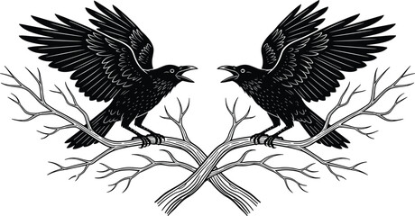 Fototapeta premium Two Black Ravens Perched on Bare Branches Facing Each Other in Symmetrical Hand Drawn Woodcut Engraving Style Isolated on White Background for Gothic Design