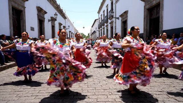 A lively group of women in traditional Mexican attire gracefully perform a folk dance on a historic street.