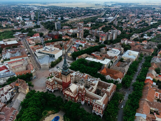 Obraz premium Aerial view of Subotica City Hall and main square in Subotica, Serbia with historic architecture. g.