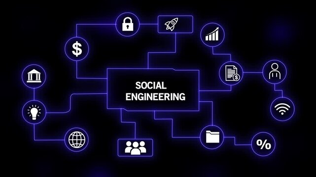 Social Engineering Concept Flowchart with Icons and Neon Blue Lines on a black background 4k animation video