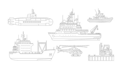 Obraz premium Marine transport illustrations: A collection of meticulously rendered illustrations showcases various vessels and maritime transportation elements, perfect for design needs. 