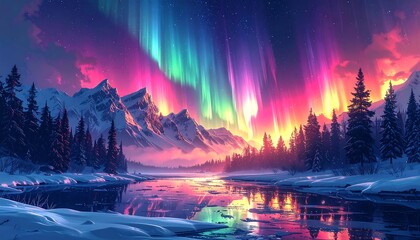 Fototapeta premium Aurora Borealis over Snowy Mountains and Lake Landscape