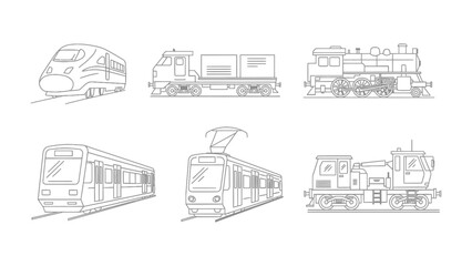 Fototapeta premium Transportation Icons: A collection of various train illustrations, showcasing diverse modes of rail transport against a clean backdrop, perfect for design and educational uses.