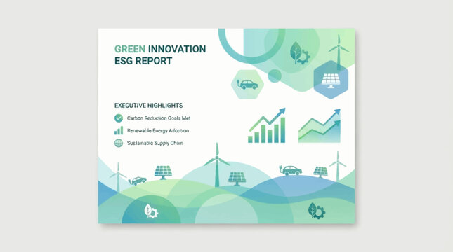 Green Innovation ESG Report cover slide with sustainability icons, growth charts, and environmental themes.