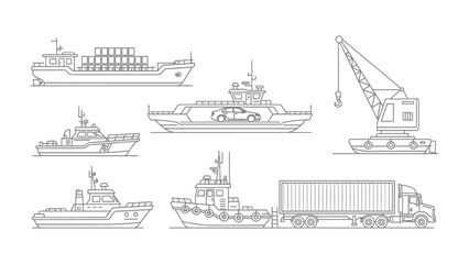 Obraz premium Maritime & Transport Icons: A collection of various maritime and transport icons, each intricately drawn in a clean, line art style, showcasing the diversity of the industry and its key components.