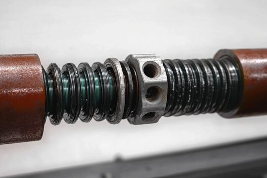 Close-up of greased threaded lead screw and nut assembly with worn metal surfaces conveying industrial precision