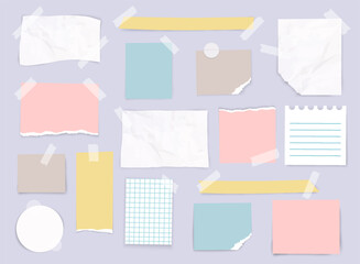 Collection of torn paper notes, sticky notes and adhesive tape elements for scrapbook or planner design isolated on pastel background.