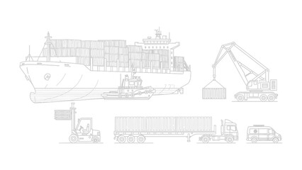 Fototapeta premium Global Logistics Blueprint: A detailed sketch presents a comprehensive view of global trade and transportation. The image highlights the key elements of the shipping industry.