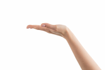 Young woman hand hold something with flat palm isolated on white © GCapture