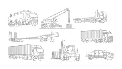 Industrial Lineup: An intricate illustration featuring an array of heavy-duty vehicles, each poised for its specific role in industry and transport.