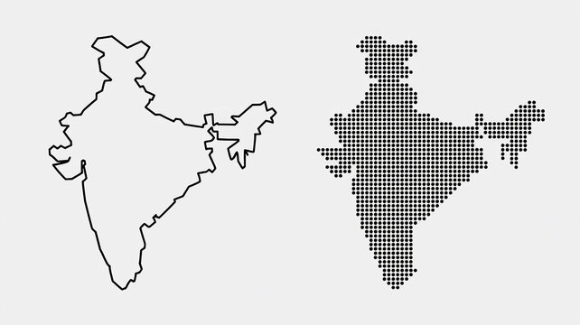 Outline and Dotted Map of India Showing Geographic Borders and Territories on a Light Gray Background