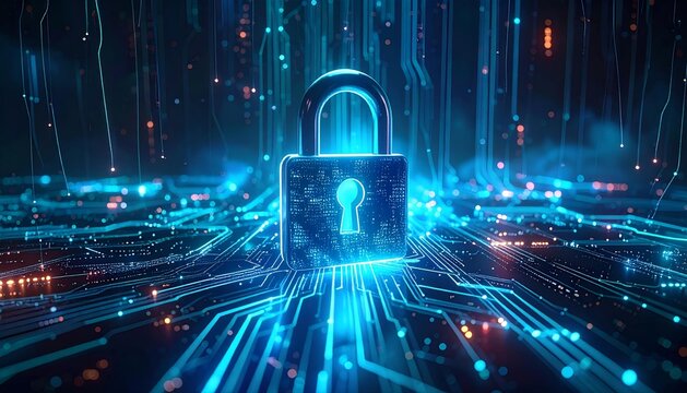 Futuristic Cyber Security Concept with Glowing Padlock on Digital Network &ndash; Data Encryption Technology 3D Render