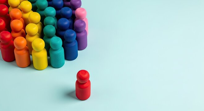Single red wooden pawn figure separated from rainbow crowd, pastel blue background, diversity inclusion Concept