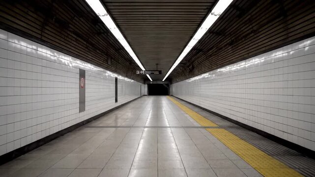 A long, empty underground subway station platform with bright lights and white tiled walls leading to a dark tunnel.