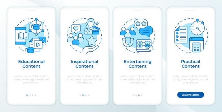 Content types by objective blue onboarding mobile app screen. Walkthrough 4 steps editable graphic instructions with linear concepts. UI, UX, GUI. Montserrat SemiBold, Regular fonts used