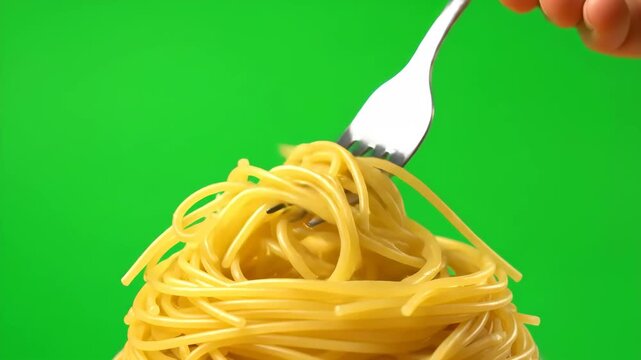 A metal fork expertly twirls a generous portion of cooked spaghetti pasta on a bright green screen. Ideal for food-related projects, cooking shows, or chroma key compositing.