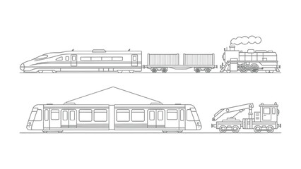 Transportation Marvel: An illustrated composition showcasing an array of trains, illustrating the evolution and diversity of railway transport. The scene includes a high-speed train, a freight train.