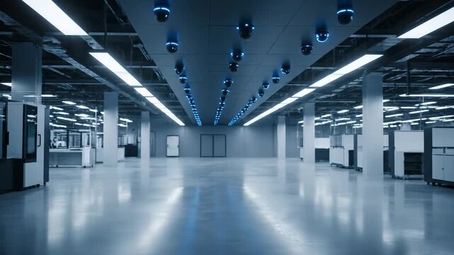 A modern, empty industrial or office interior with numerous security cameras and bright lighting. The clean, reflective floor enhances the high-tech and secure atmosphere.
