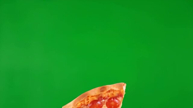 A mouth-watering pepperoni pizza slice is shown floating against a bright green screen, ideal for various food-related projects and chroma key effects.