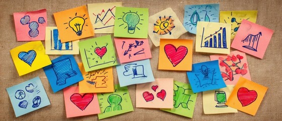The Sticky Notes Wall Filled with Colorful Hand-drawn Doodles and Business Icons