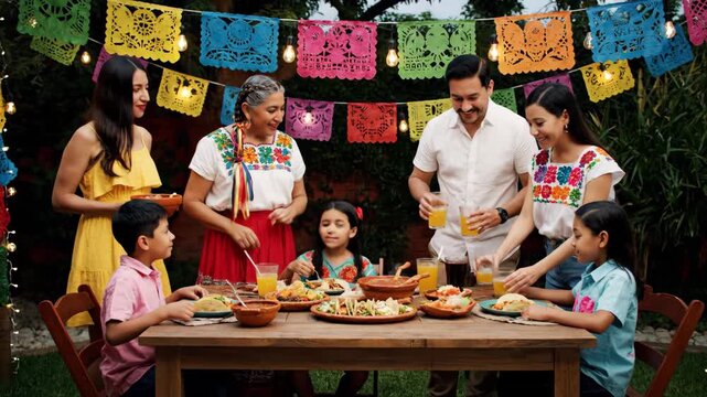A multi-generational Hispanic family enjoys a festive outdoor Mexican fiesta, sharing traditional food and drinks. Colorful decorations create a joyful atmosphere.