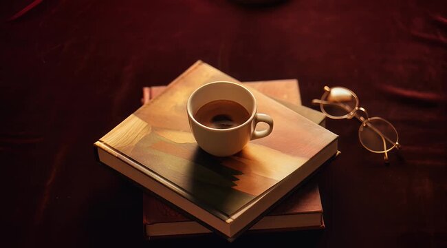 Literary Serenity: A quiet moment of literary escape, with a cup of tea resting on a stack of aged books, accompanied by vintage spectacles, evoking a sense of tranquility and intellectual pleasure.