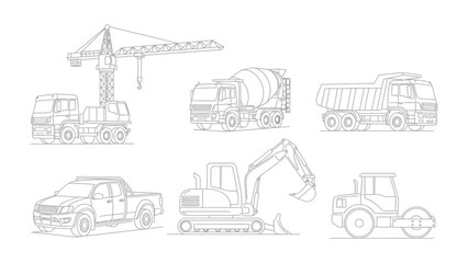 Construction Fleet Illustration: A collection of meticulously crafted line art depicting essential construction vehicles, each meticulously rendered.
