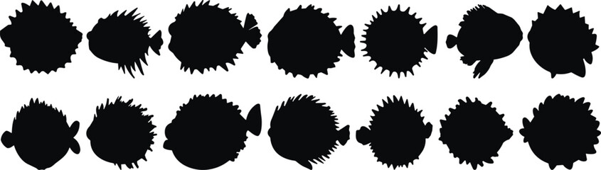 Pufferfish silhouettes set, spiky blowfish sea creatures isolated on white background vector illustration collection © MdMosraful