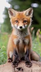 Fototapeta premium Charming Close-Up of a Playful Red Fox Cub Curiously Gazing at the Camera in Its Natural Habitat