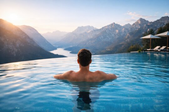 Man relaxing in infinity pool with breathtaking mountain and lake view symbolizing luxury travel and wellness
