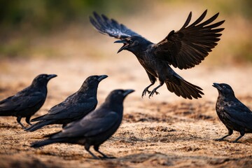 Fototapeta premium Group of black ravens interacting on ground with one bird landing wings spread wildlife behavior scene